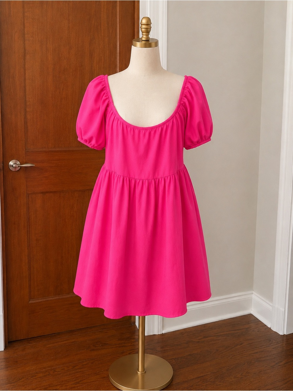 SHEIN Bright Pink Scoop Neck Puff Sleeve Mini Dress